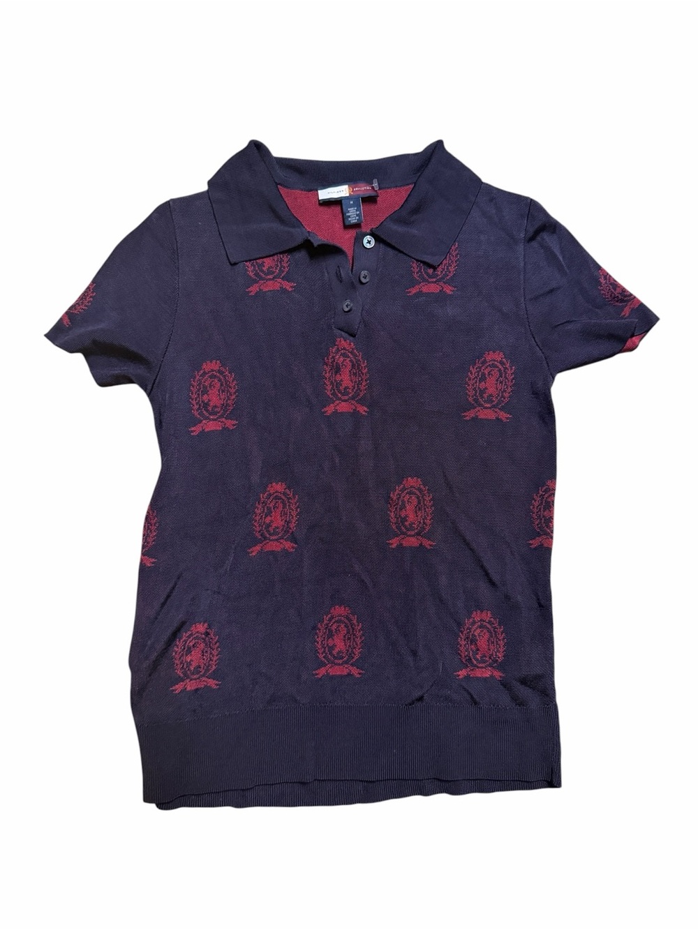 Tommy Hilfiger Navy Short-Sleeve Polo Sweater with Red Crest Embroidery